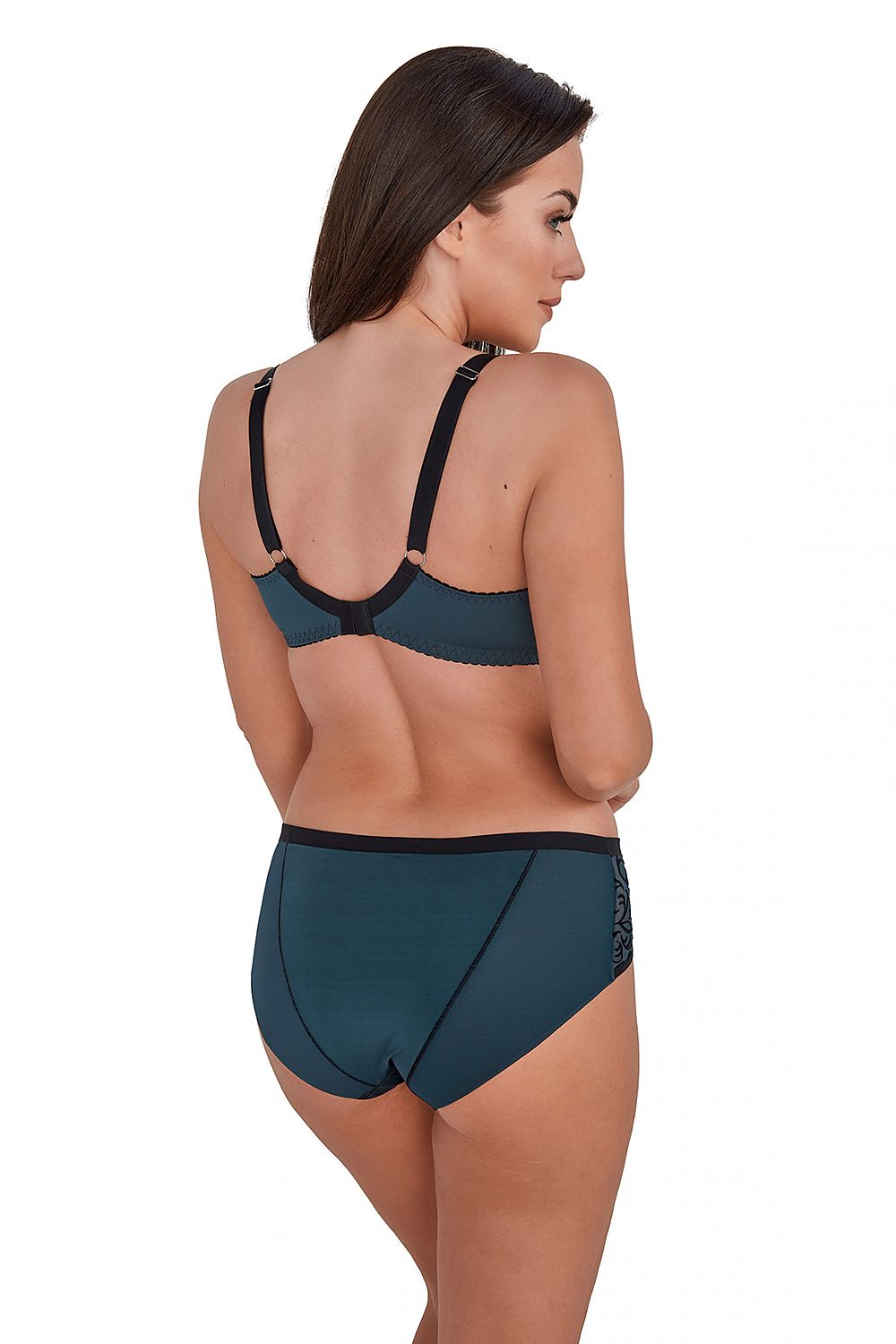 Elegant Turquoise Panties Classic Full Cut Made Of Smooth Knit Fabric With Inserts Of Patterned Flock On Mesh In Front Wide Elastic Waistband Back Legs Are Finished With Double Folded Knit Fabric