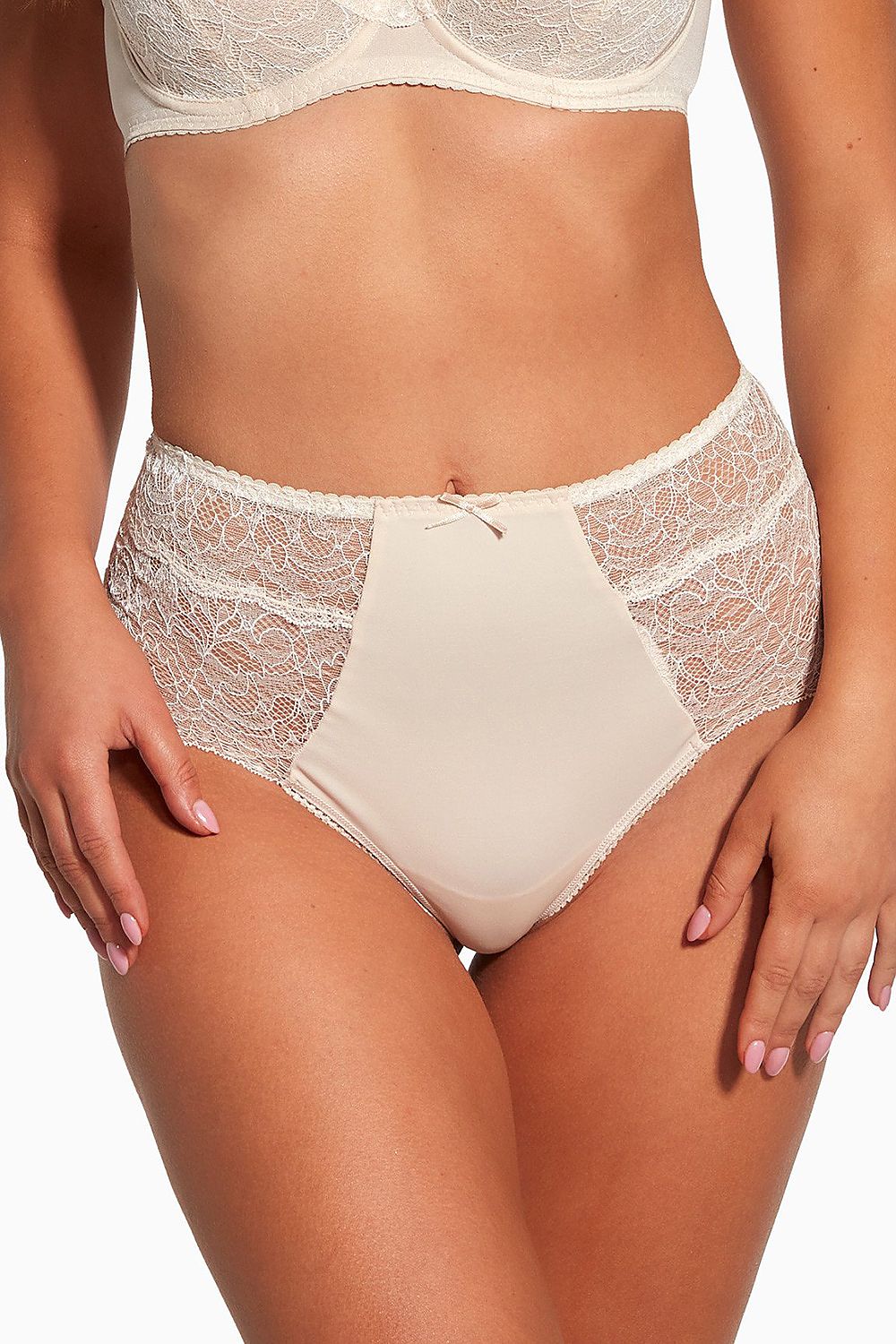 Seductive Lace Proposal Brazilian Style Panties White High Waist Front Made Of Smooth Knit Fabric With A Charming Bow Sides and Back Made Of Floral Lace