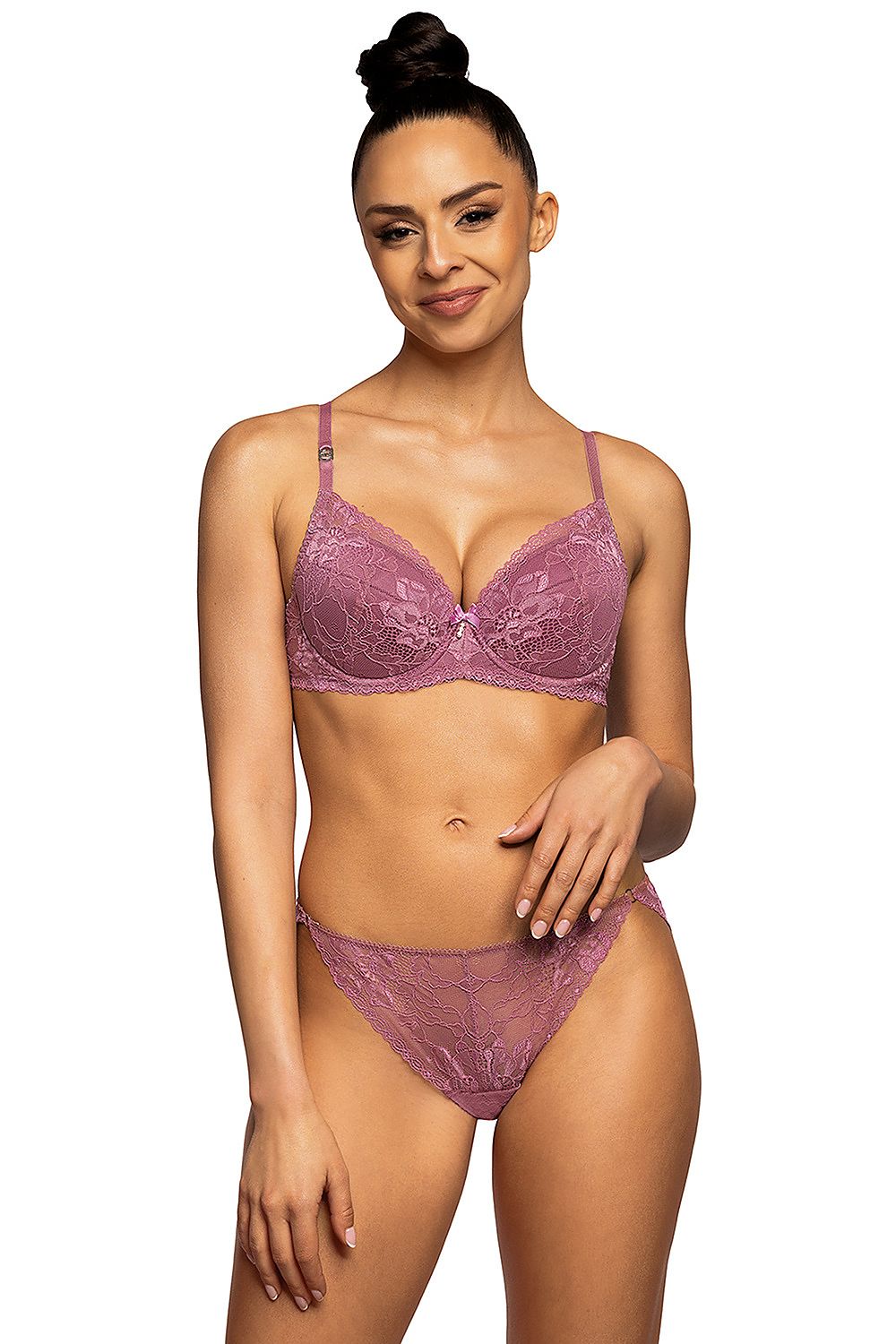 Delicate Pink Push-Up Bra Made Of Lace With A Flower Motif Removable Magnifying Inserts Bow Between Cups With Glittering Decoration