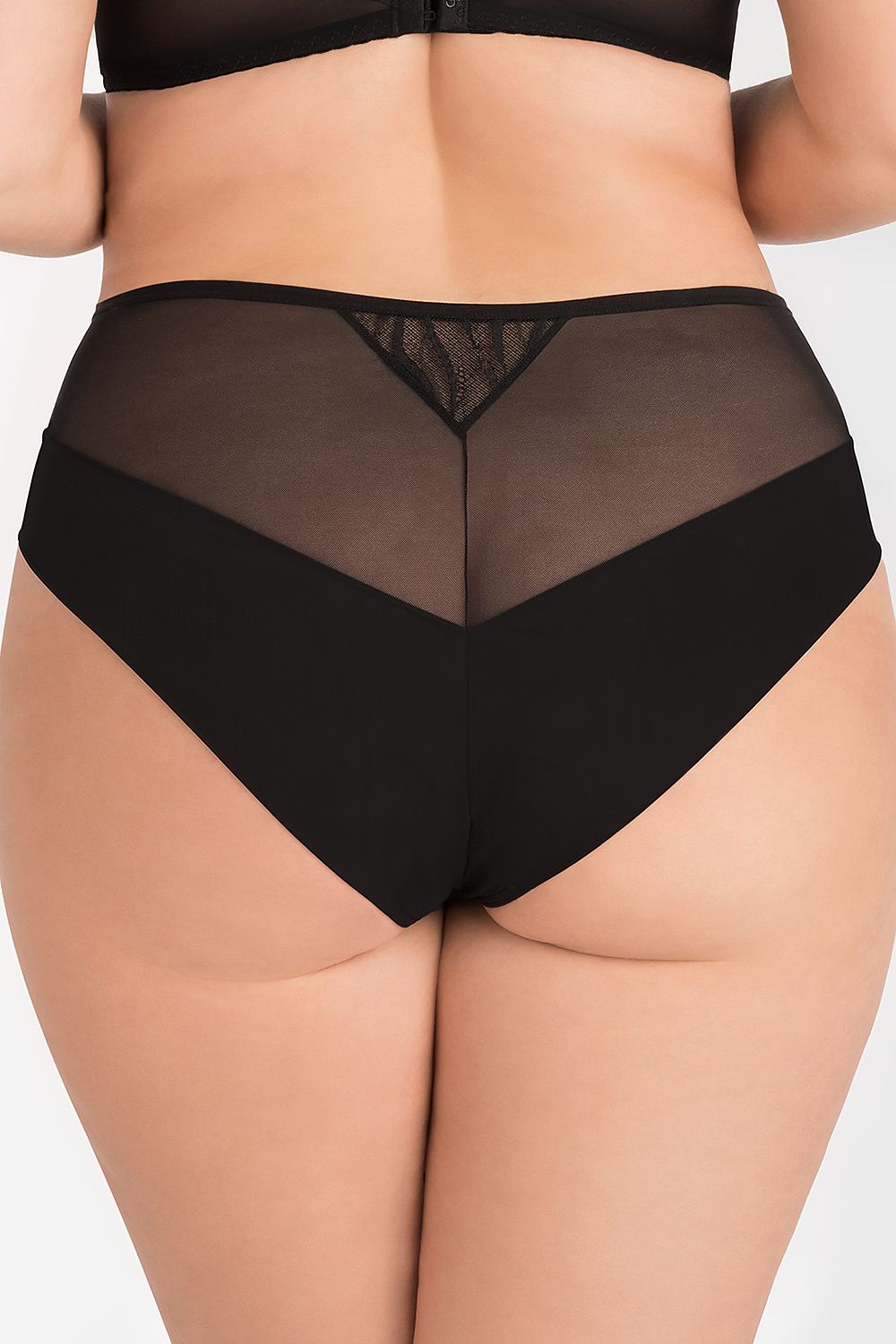 Elegant Black High-Waist Panties Cover Entire Butt And Made Of Lace And Mesh Front Has Decorated With Straps Legs Have Double Folded Mesh