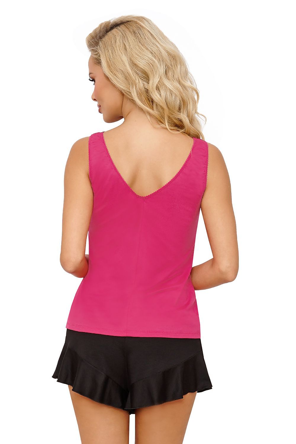 Arouse Passions With Hot Pink & Deep Black Seductive Fitted Shirt Emphases Your Silhouette With Draping Between Bust Wide Straps & Deep Neckline With Lace Has A Mesmerizing Effects Shorts With A Decorative Frill Past The Butt With A Bow At The Waist