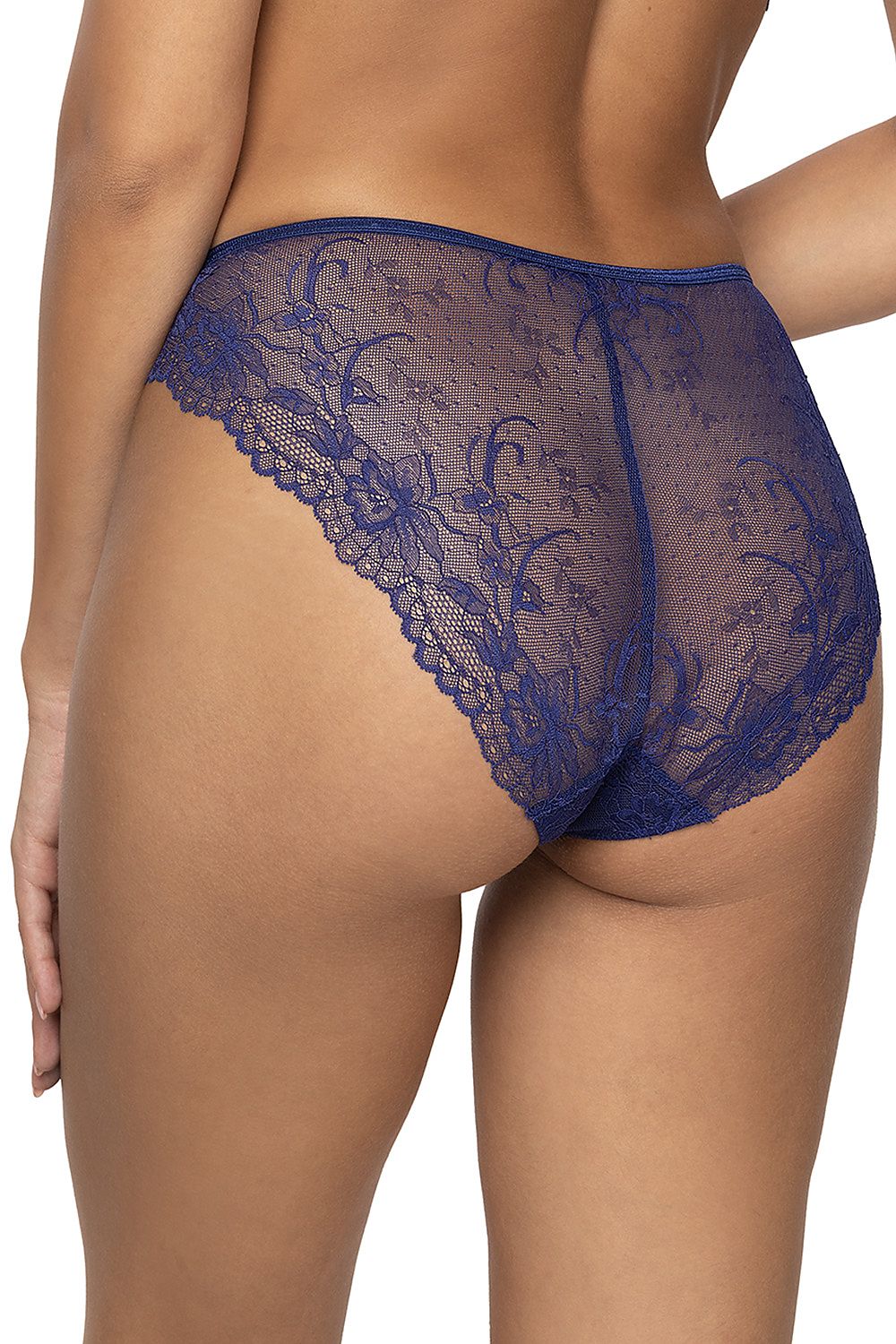 Tempting Midnight Navy Blue Panties Classic Fit Cutouts On Front And Metal Rings, Made Of Lace In A Floral Pattern