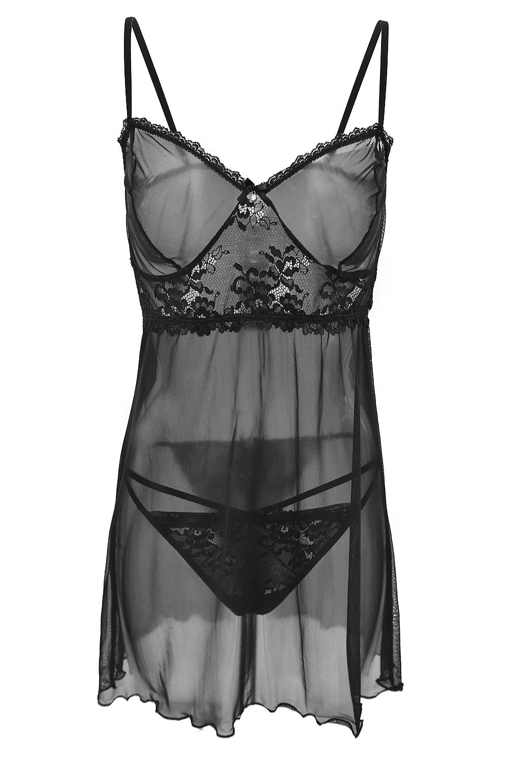 Sexy Black Transparent Chemise With Profiled Tulle Cups With Black Lace Under The Bust On The Front Has A Bow And A Jewelry Patch And Straps On The Thong