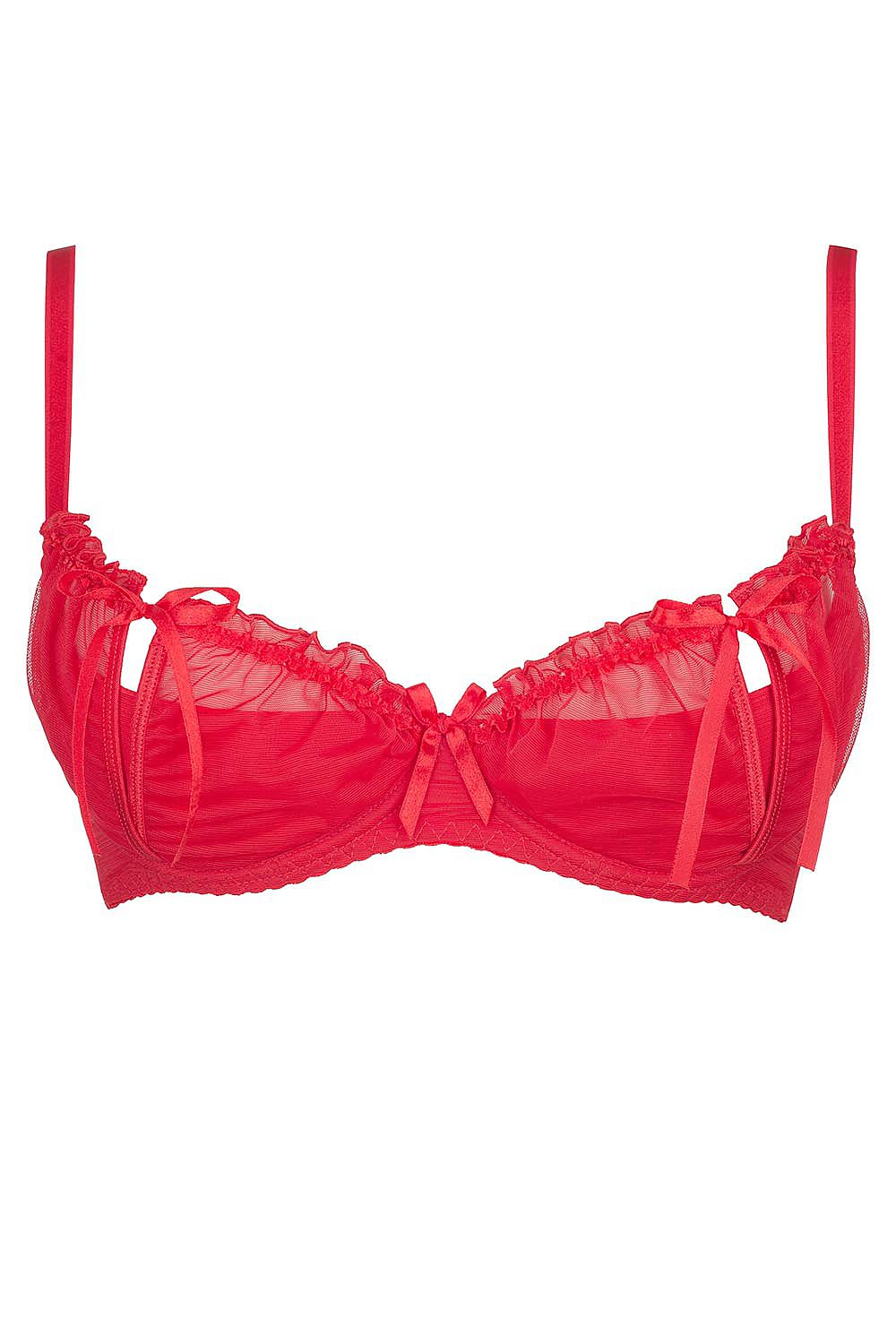 Red Bows Everywhere! Red Bra With Bows & A Tulle Veil Covering The Breasts