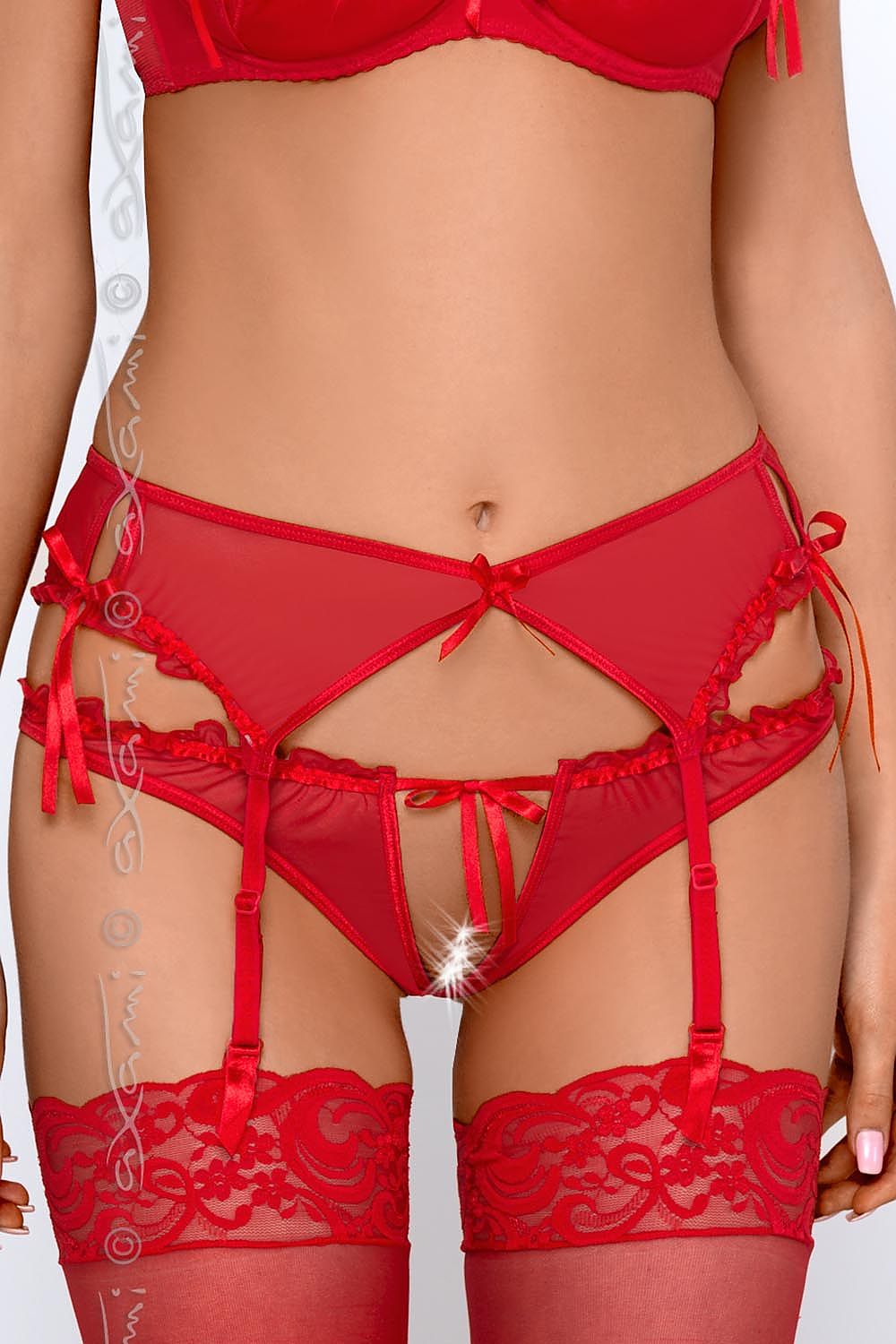 Red Bows Everywhere! Slits On The Sides And Red Bows All Over Garter Belt