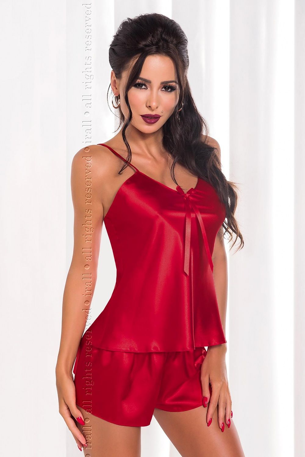 Smooth Top With A Slight Waist Cut And Bow At Neckline Shorts Have Elastic Band Soft Italian Satin