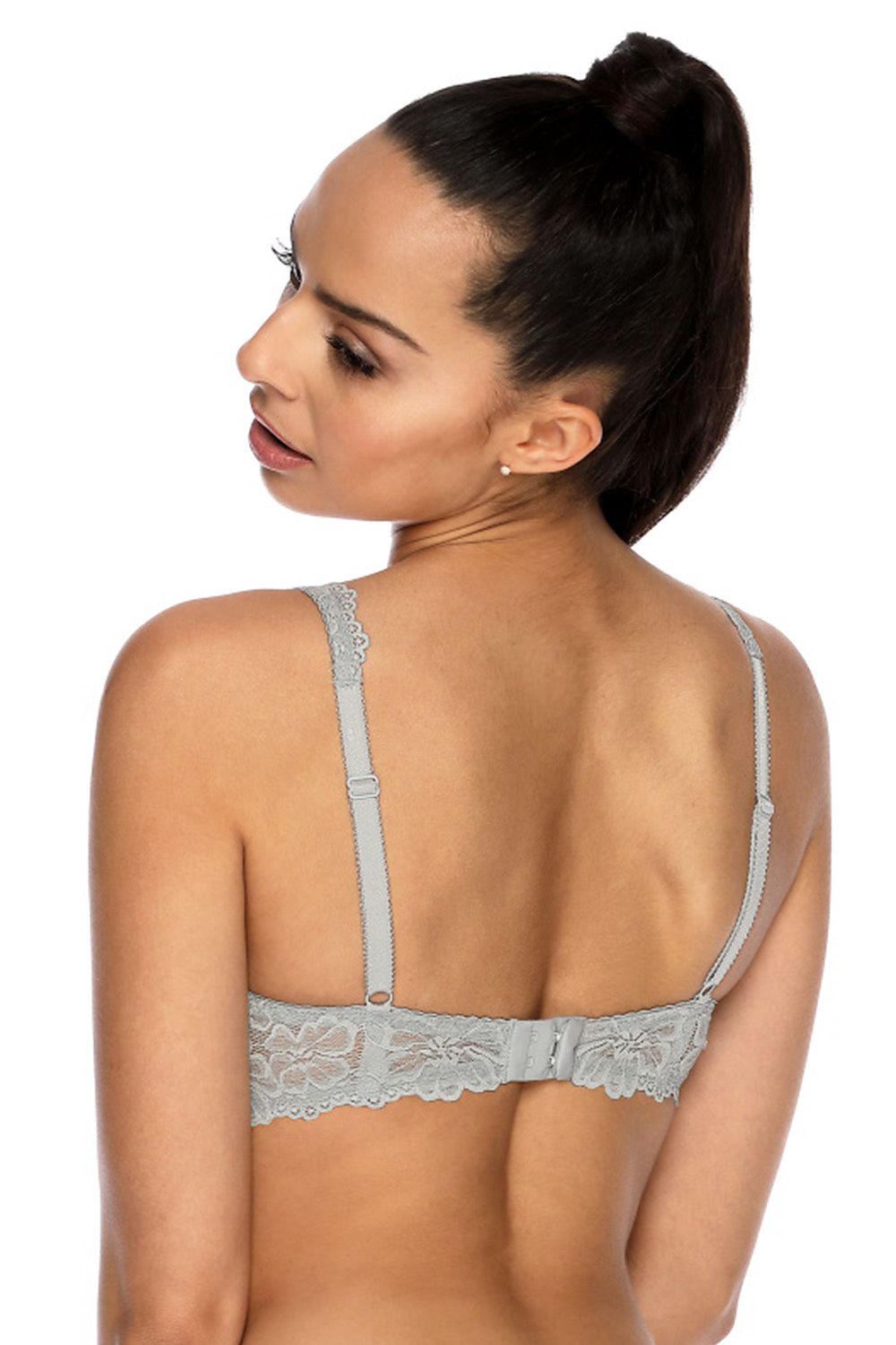 Grey Padded Bra Cups And Bridge Have Beautiful Lace Floral Motif Satin Bow Between Cups Back Made Of Lace