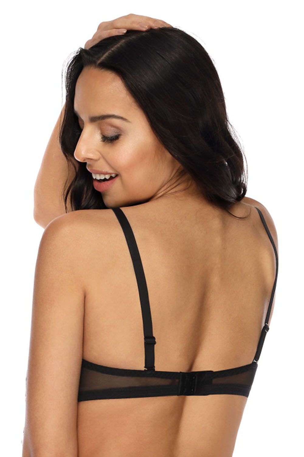 Strappy Happy Elegant Black Push-Up Bra Cups Are Made Of Beige Knitted Fabric And Transparent Elastic Tull Neckline Decorated With Detachable Straps And Back Has Mesh There Is A Bow Between Cups