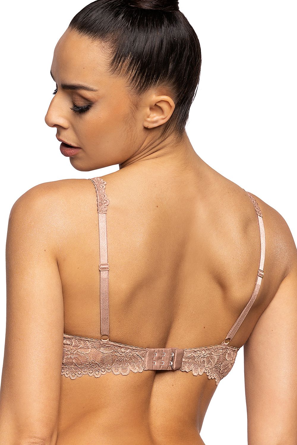 Brown Padded Bra Cups And Bridge Have Beautiful Lace Floral Motif Satin Bow Between Cups Back Made Of Lace