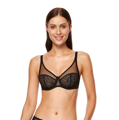 Unusable Combination Soft Bra Black Floral Pleating And Tulle Cups Made Of See-Through Material The Back Is Made Of Pleated Fabric