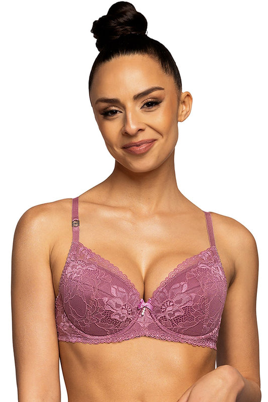 Delicate Pink Push-Up Bra Made Of Lace With A Flower Motif Removable Magnifying Inserts Bow Between Cups With Glittering Decoration
