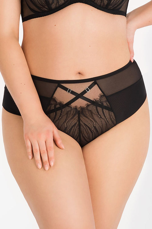 Elegant Black High-Waist Panties Cover Entire Butt And Made Of Lace And Mesh Front Has Decorated With Straps Legs Have Double Folded Mesh