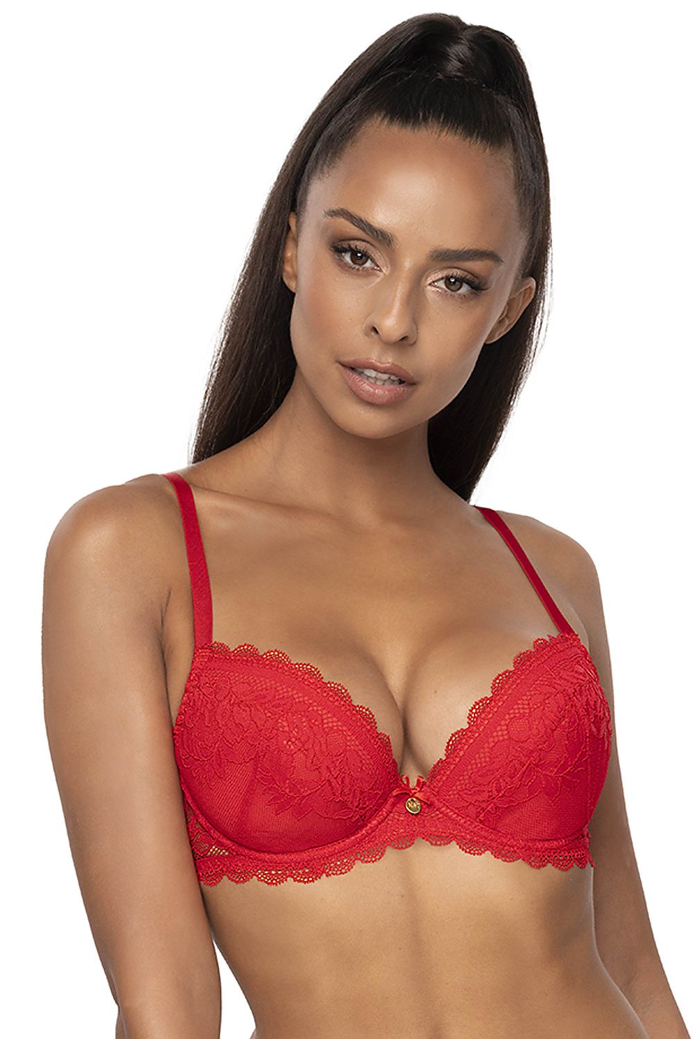 Wild And Hot Red Push-Up Bra With Wires To Support Your Breasts Shaping Them Properly Adjustable Straps  Showing Up Front Between The Cups A Bow That Matches Other Products