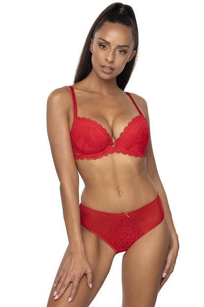 Wild And Hot Red Push-Up Bra With Wires To Support Your Breasts Shaping Them Properly Adjustable Straps  Showing Up Front Between The Cups A Bow That Matches Other Products