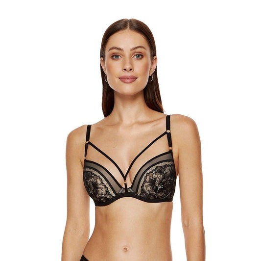 Sexy Black Push-Up Bra Neckline Is Decorated With Straps Gold Details Add Elegance