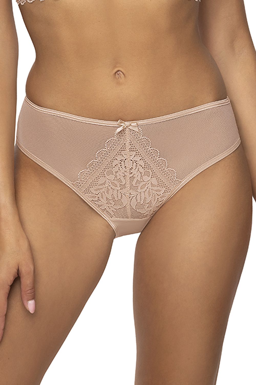 Lace Beige Thong With A Floral Design Mesh Insert On Front Waistband Has A Satin Bow
