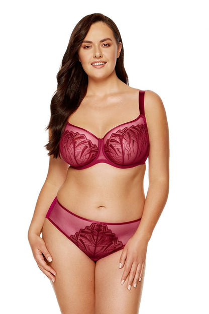 Elegant Pink Soft Bra Shimmering Embroidery See-Through Cups With A Gold Ornament Between Them The Back Is Elastic Tulle