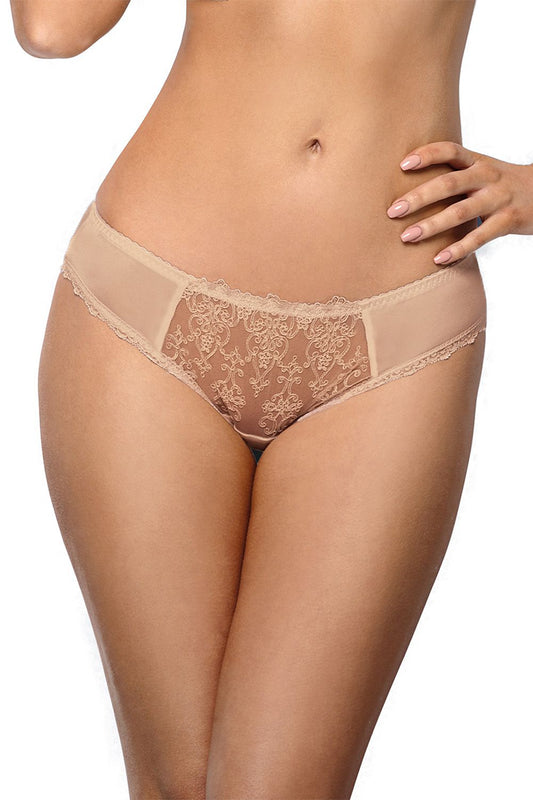 Full Classic Beige Elegant Panties On The Front And Back Embroidery Inserts On Mesh Made Of Smooth Knit Fabric