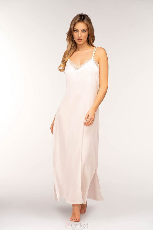Romantic And Elegant Strapless Gown Made Of Delicate Material And Thing Straps Crossed In The Back Subtle Charm On A Heart Neckline Trimmed With Lace Gives It A Romantic Touch