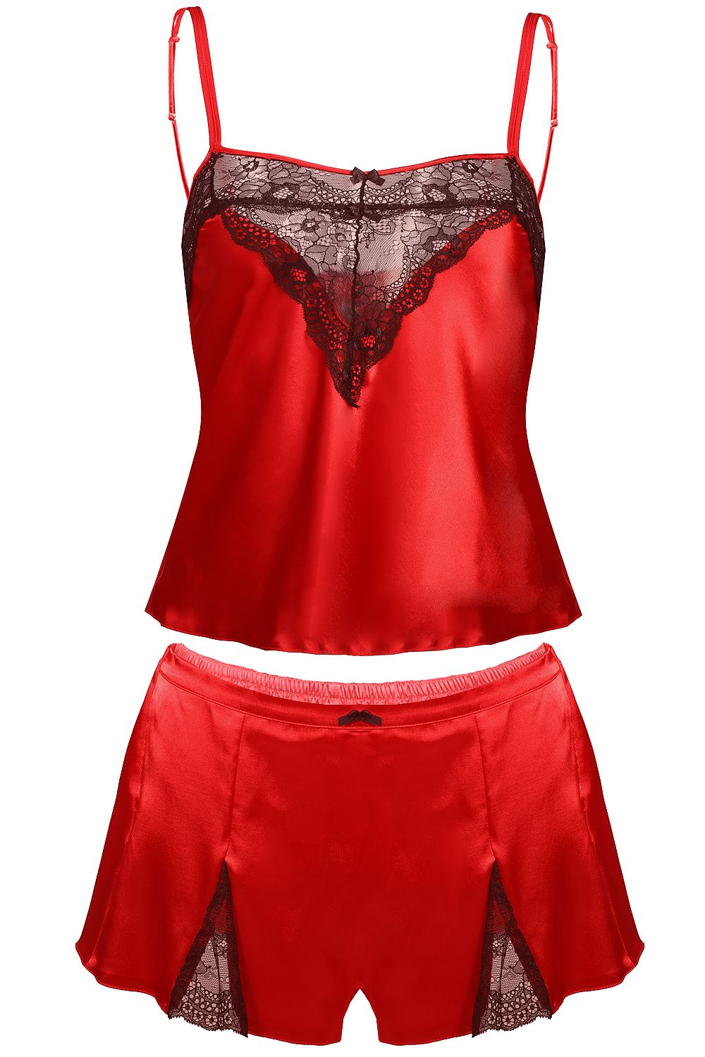 Hot Satin Set With Lace Accents Blouse On Slim Straps With Decorative Neckline Cut Is Looser At The Bottom Does Not Cover Tummy  Shorts have Short Legs With Lace