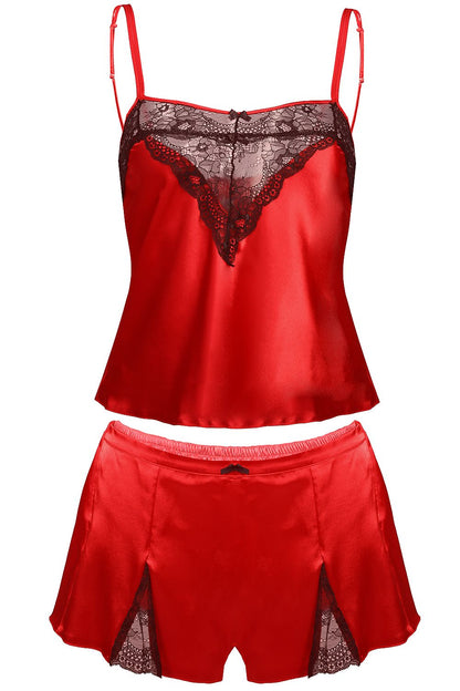 Hot Satin Set With Lace Accents Blouse On Slim Straps With Decorative Neckline Cut Is Looser At The Bottom Does Not Cover Tummy  Shorts have Short Legs With Lace