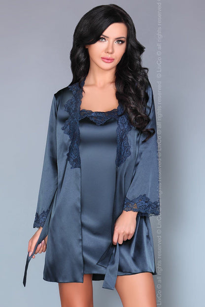 Satin Richly Embroidered Lace Babydoll With Lace Trim On Neckline And Thong Robe Has Lace On Neckline And Sleeves Ties In Back
