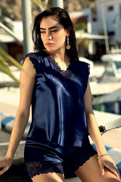 Love This Navy Blue Satin Set Very Soft Combined With Black Lace On The Sleeves And On The Neckline The Shorts Seduce With Lace Trimmed Thighs