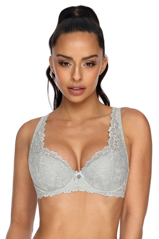 Grey Padded Bra Cups And Bridge Have Beautiful Lace Floral Motif Satin Bow Between Cups Back Made Of Lace