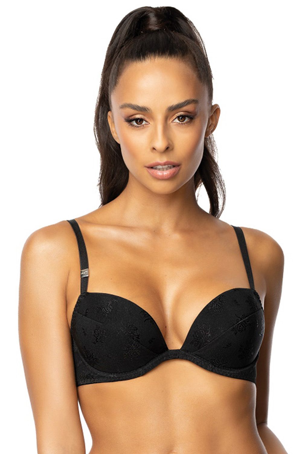 Beautiful Classic Black Puush-Up Bra Made Of Smooth Knit Fabric With Floral Pattern Removable Magnifying Inserts  Low Bridge Perfectly Emphasizes Your Cleavage Your Man Will Be Grateful