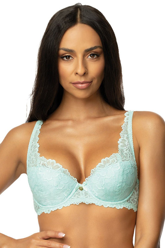 Green Padded Bra Cups And Bridge Have Beautiful Lace Floral Motif Satin Bow Between Cups Back Made Of Lace
