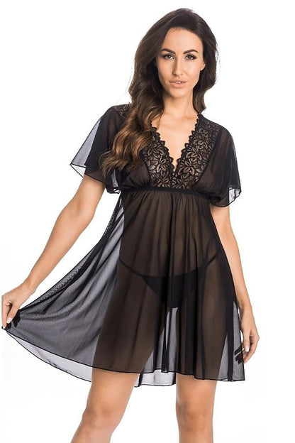 Butterfly Wings Designed Into How The Sleeves Fall The Chemise Is Flared Makes Your Silhouette Sexy  It Finishes With Elegant Wider Lace & Exposes Your Cleavage It Ties In the Back Crosswise With Thin Satin Stripes  Covers As Much As It Reveals & Thong