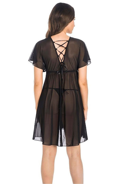 Butterfly Wings Designed Into How The Sleeves Fall The Chemise Is Flared Makes Your Silhouette Sexy  It Finishes With Elegant Wider Lace & Exposes Your Cleavage It Ties In the Back Crosswise With Thin Satin Stripes  Covers As Much As It Reveals & Thong