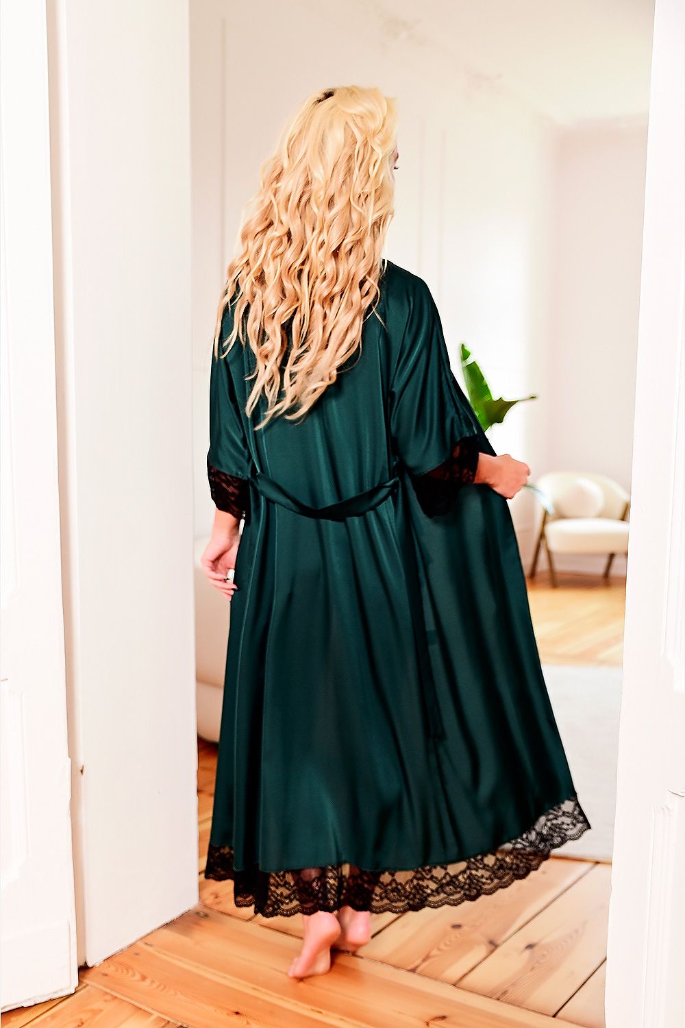 Luxurious Long Satin Dressing Gown Delicate Flowing Satin Graces Your Silhouette The Bottom And Sleeves Have Lace To Add To Its Uniqueness The Waist Has A Belt  Many Colors