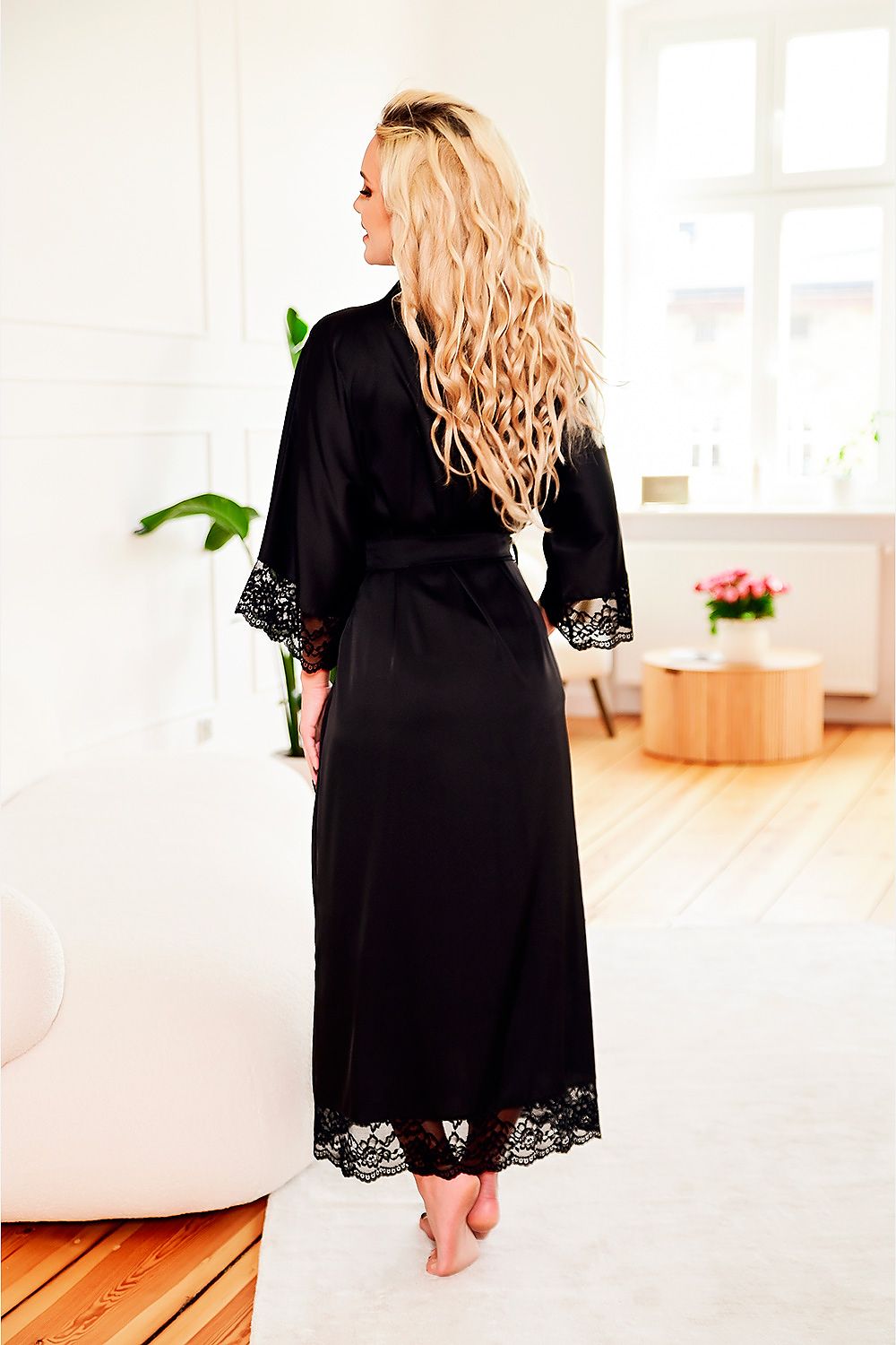 Luxurious Long Satin Dressing Gown Delicate Flowing Satin Graces Your Silhouette The Bottom And Sleeves Have Lace To Add To Its Uniqueness The Waist Has A Belt  Many Colors