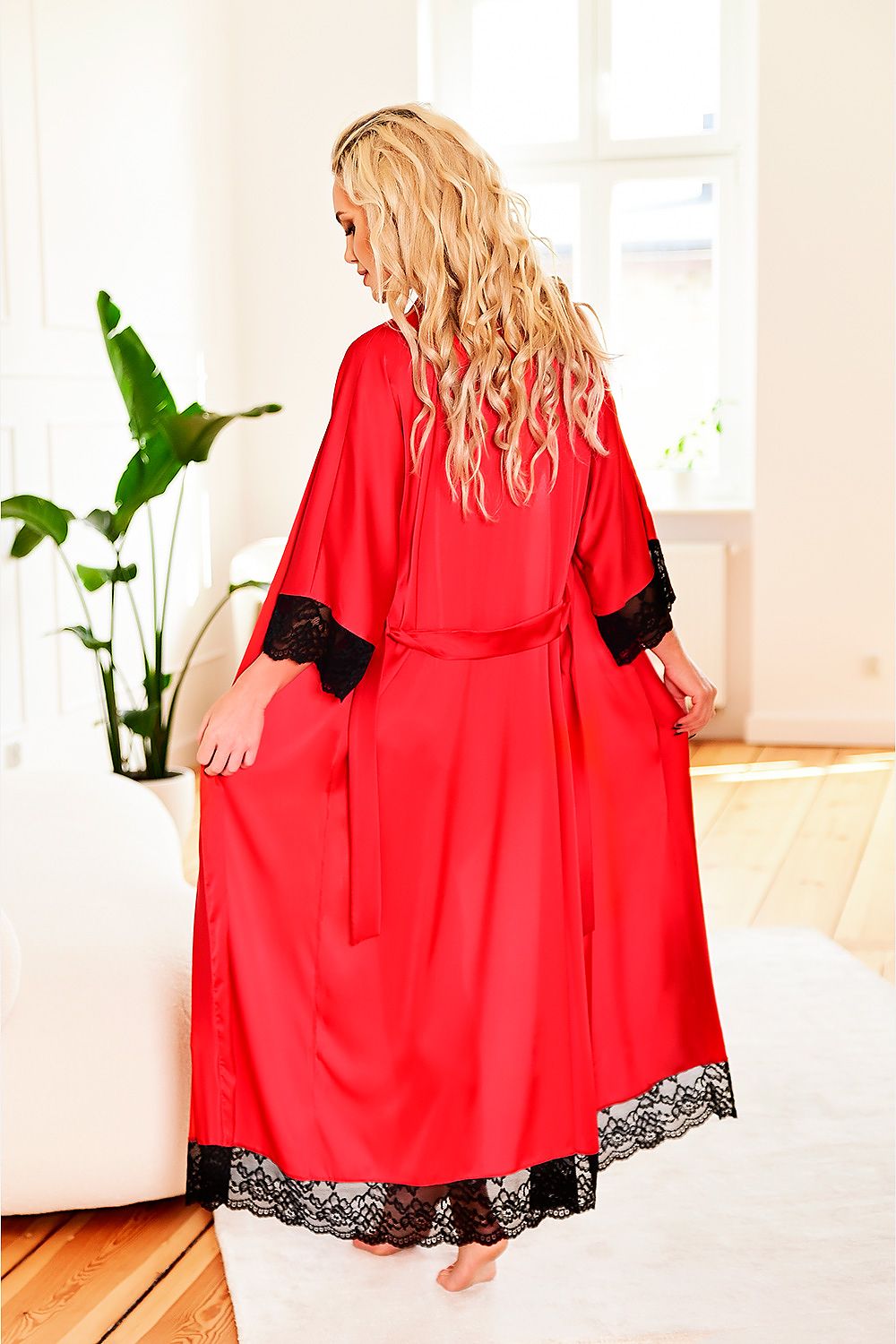Luxurious Long Satin Dressing Gown Delicate Flowing Satin Graces Your Silhouette The Bottom And Sleeves Have Lace To Add To Its Uniqueness The Waist Has A Belt  Many Colors