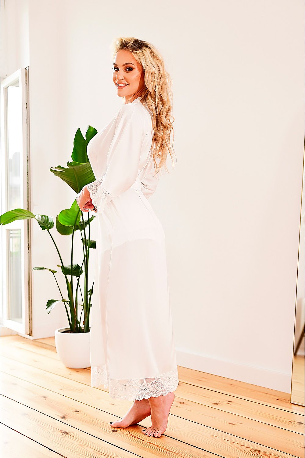 Luxurious Long Satin Dressing Gown Delicate Flowing Satin Graces Your Silhouette The Bottom And Sleeves Have Lace To Add To Its Uniqueness The Waist Has A Belt  Many Colors