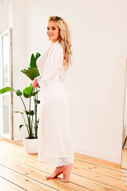 Luxurious Long Satin Dressing Gown Delicate Flowing Satin Graces Your Silhouette The Bottom And Sleeves Have Lace To Add To Its Uniqueness The Waist Has A Belt  Many Colors